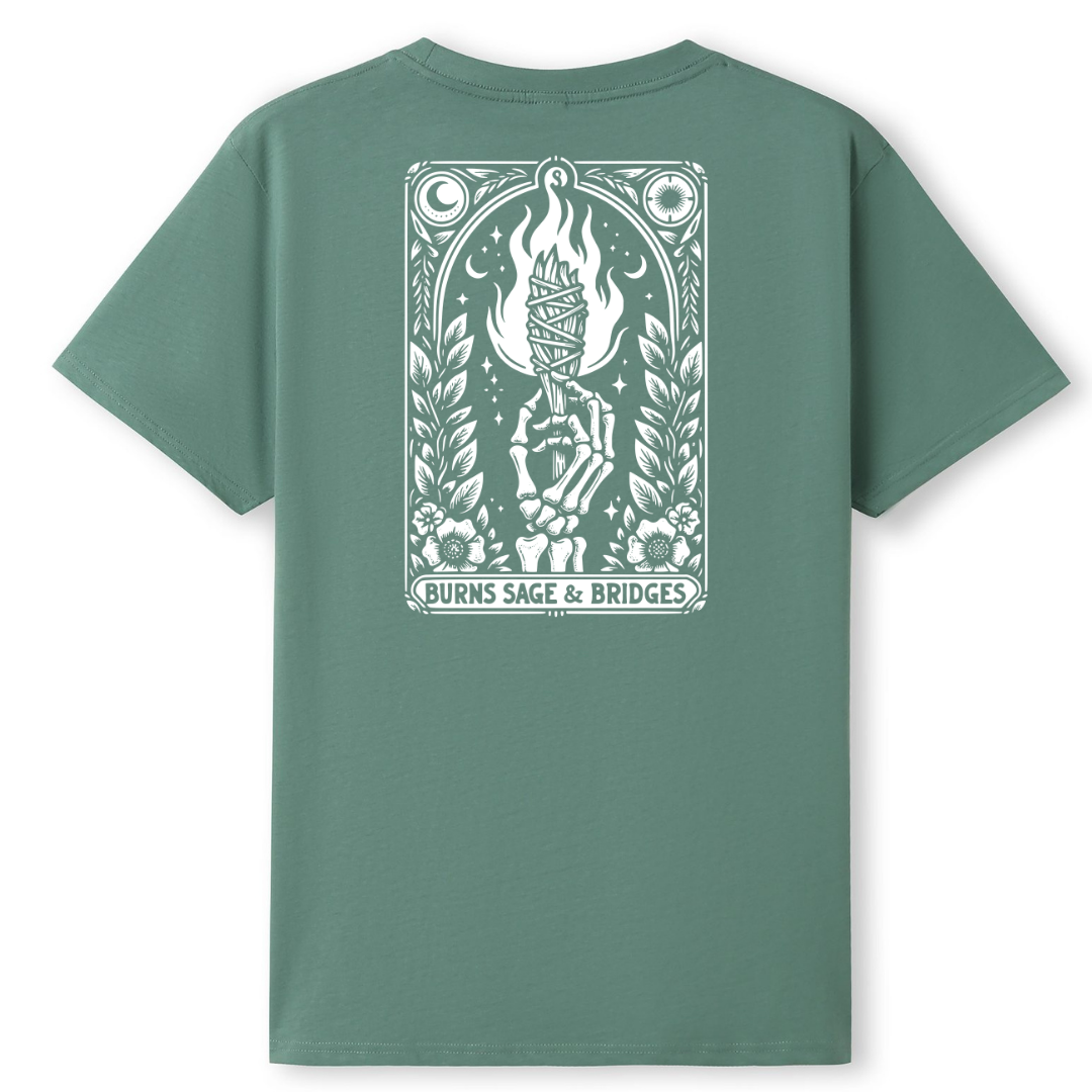 An olive green heather crewneck t-shirt with a white graphic print of a barcode and the text 'FAMILY HANDYMAN' above and 'SCAN FOR PAYMENT' below.