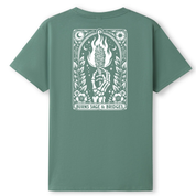 An olive green heather crewneck t-shirt with a white graphic print of a barcode and the text 'FAMILY HANDYMAN' above and 'SCAN FOR PAYMENT' below.