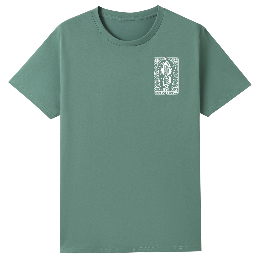 A sage green short-sleeve crewneck t-shirt with a small white graphic print on the left chest, displayed on a solid white background.