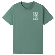 A sage green short-sleeve crewneck t-shirt with a small white graphic print on the left chest, displayed on a solid white background.