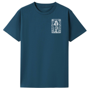 A dark teal blue short-sleeve crewneck t-shirt with a white graphic print on the left chest depicting a stylized scorpion and the Roman numeral VII.