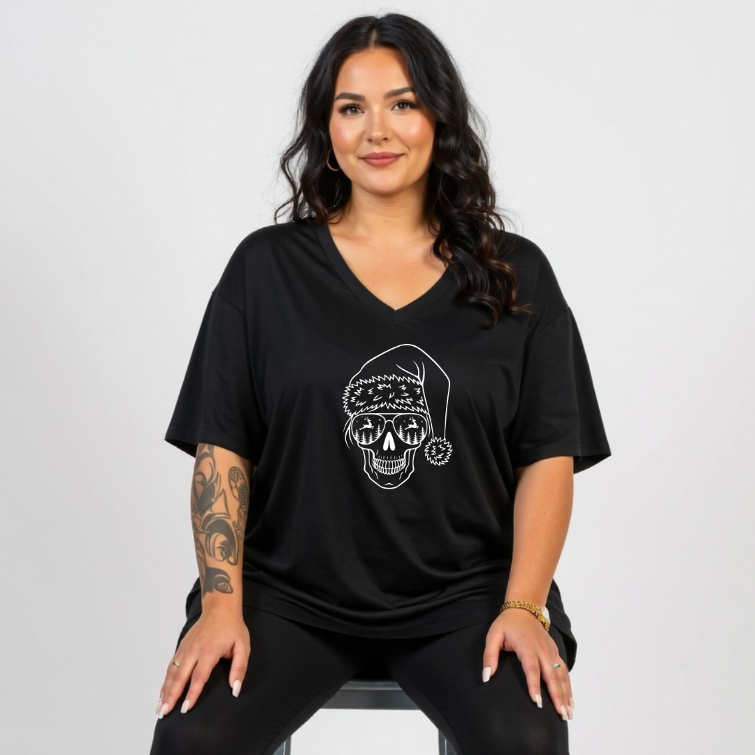 Woman wearing a black t-shirt with a skull design on a white background