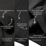 Black hoodie with text highlighting features like ribbed cuffs, front pocket, fleece lining, and stitching quality.