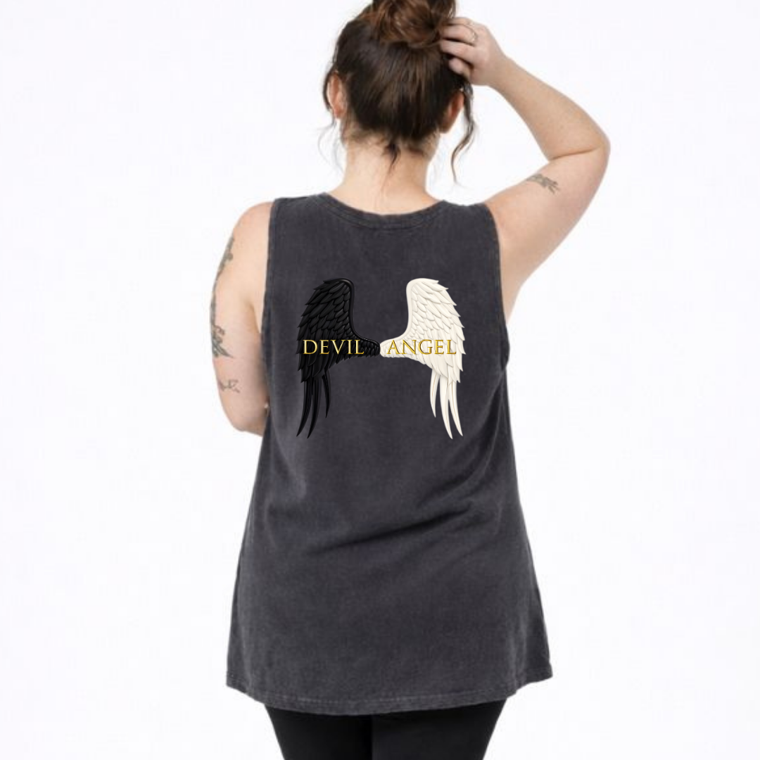 Person wearing a sleeveless shirt with 'Devil Angel' design on the back