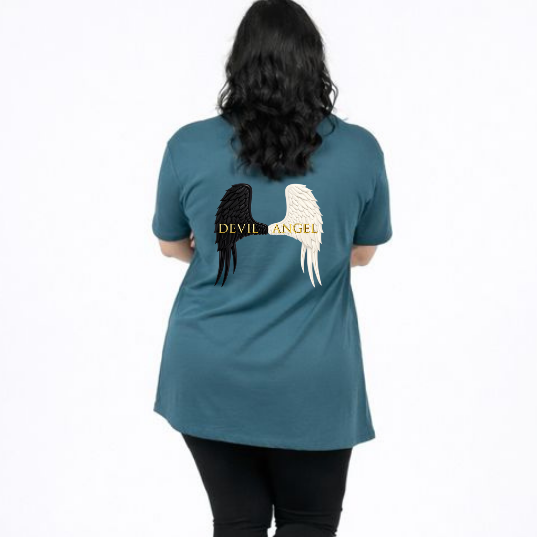 Person wearing a teal t-shirt with 'Devil Angel' design on the back