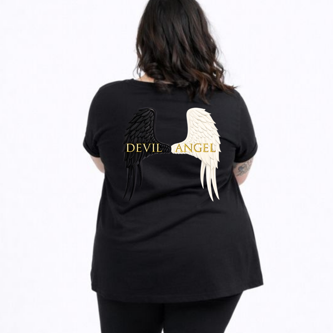 Black t-shirt with angel and devil wings design on the back, worn by a person.