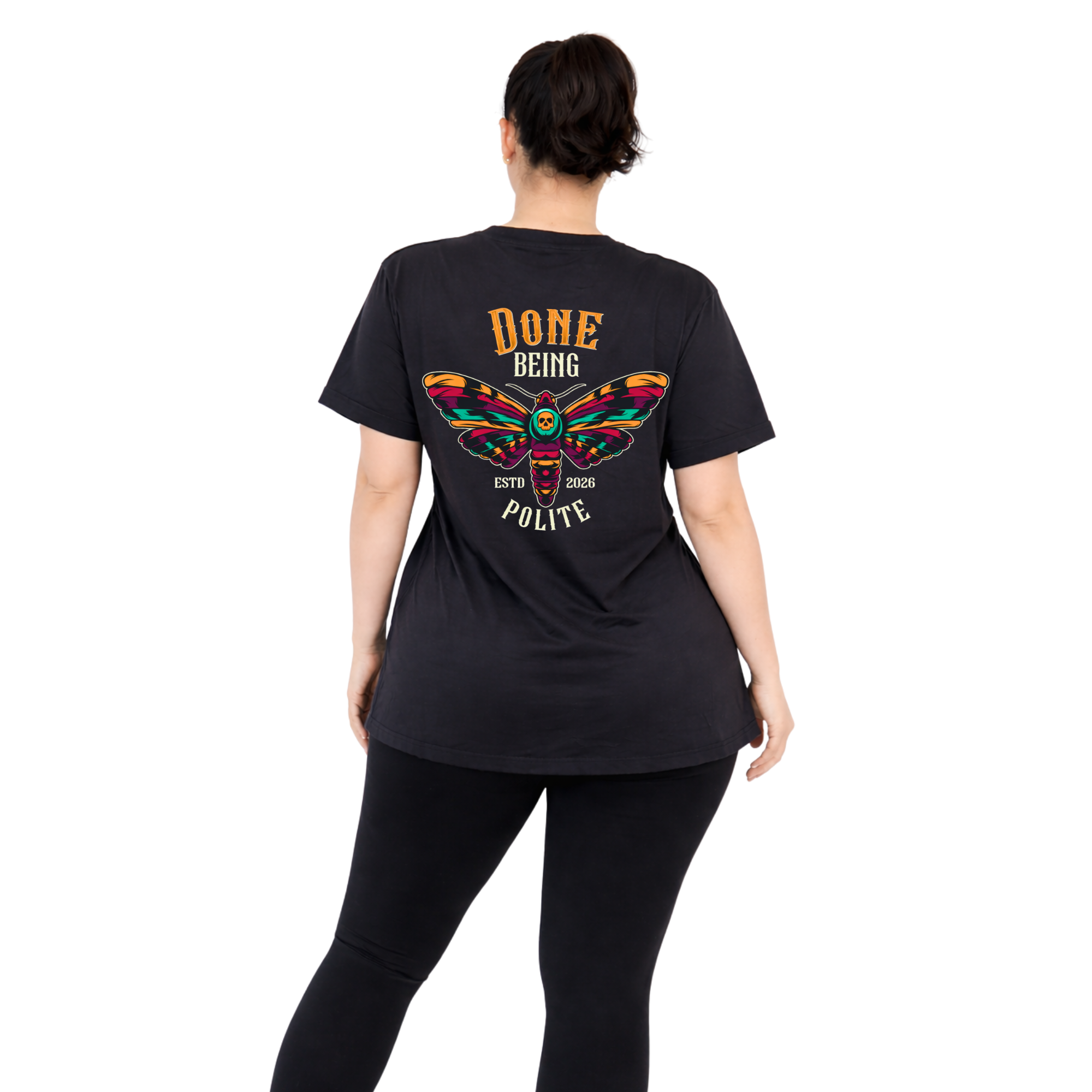 Woman wearing Done Being Polite oversized black V neck graphic tee plus size Australian streetwear brand Bae Bands