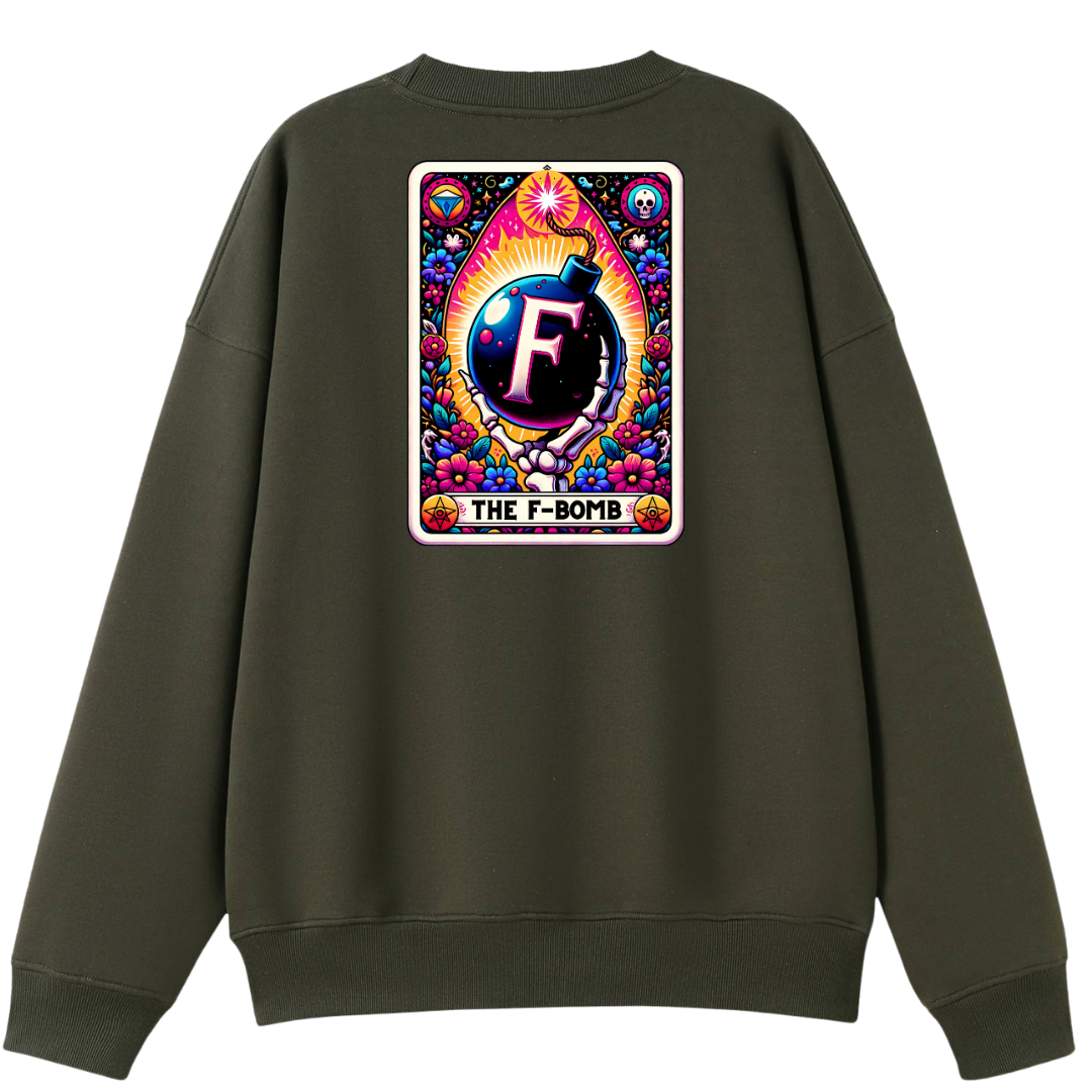 An olive green crewneck sweatshirt shown from the back, featuring a large, colorful graphic print on the center back with a bomb illustration and the text 'THE F-BOMB'.