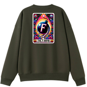 An olive green crewneck sweatshirt shown from the back, featuring a large, colorful graphic print on the center back with a bomb illustration and the text 'THE F-BOMB'.
