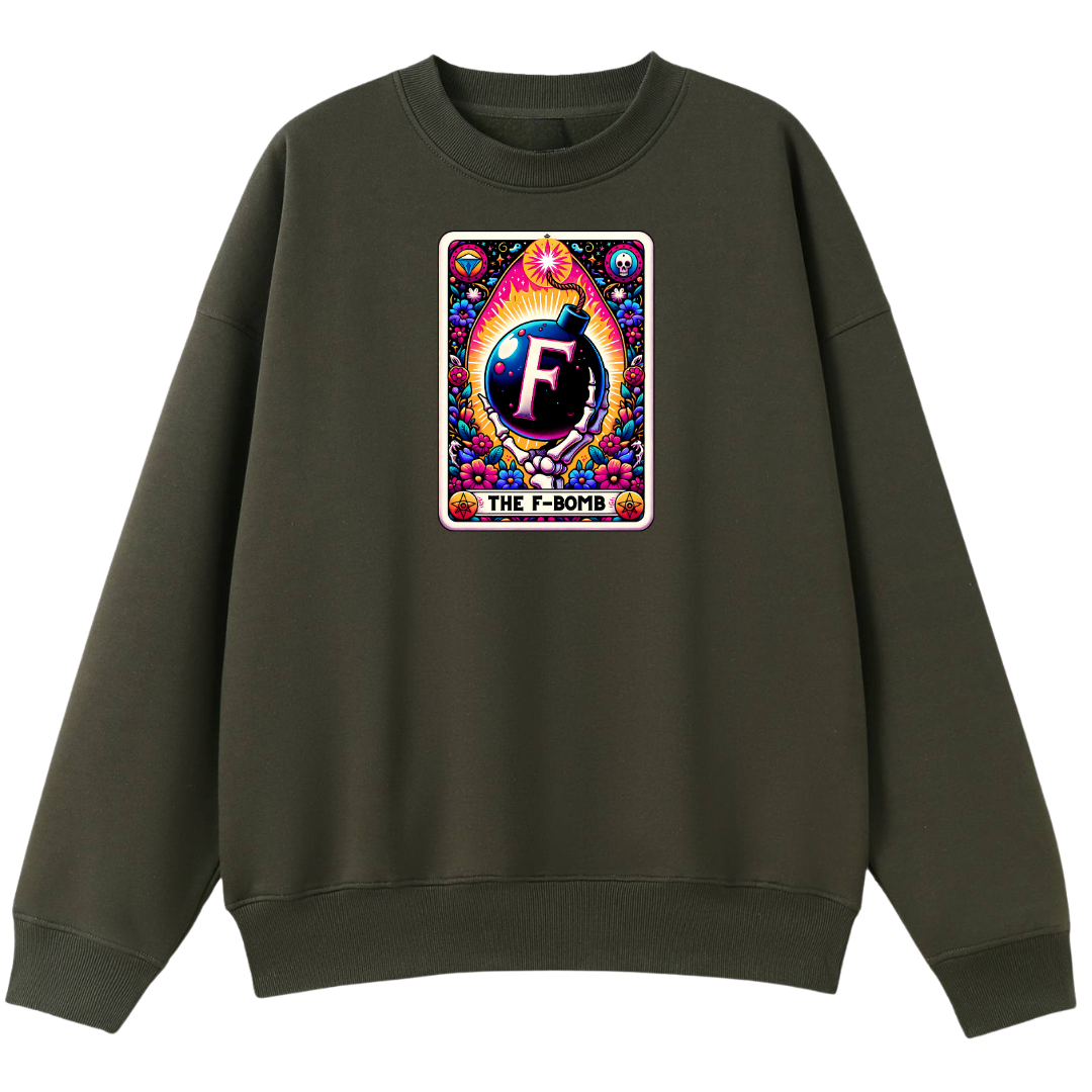 An oversized crewneck sweatshirt in dark olive green, featuring a colorful graphic print on the chest with a large letter 'F' and the text 'THE F-BOYS'.