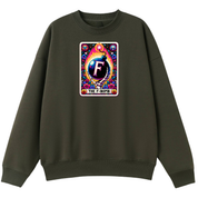 An oversized crewneck sweatshirt in dark olive green, featuring a colorful graphic print on the chest with a large letter 'F' and the text 'THE F-BOYS'.