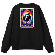 A black crewneck sweatshirt shown from the back, featuring a large, colorful graphic print of a bomb illustration with the text 'THE F-BOMB' on a white background.
