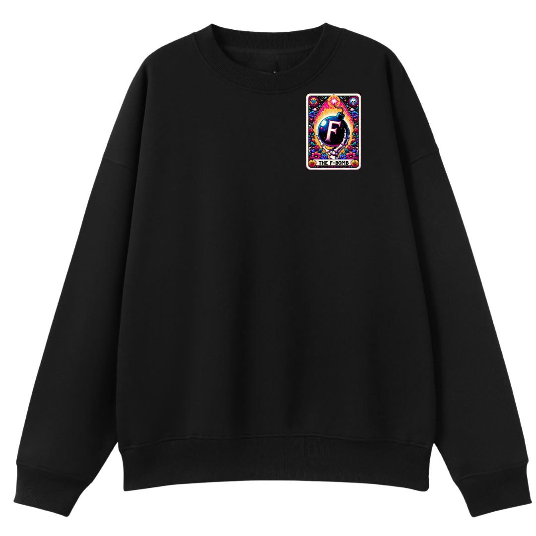 Black sweatshirt with a white logo on a white background