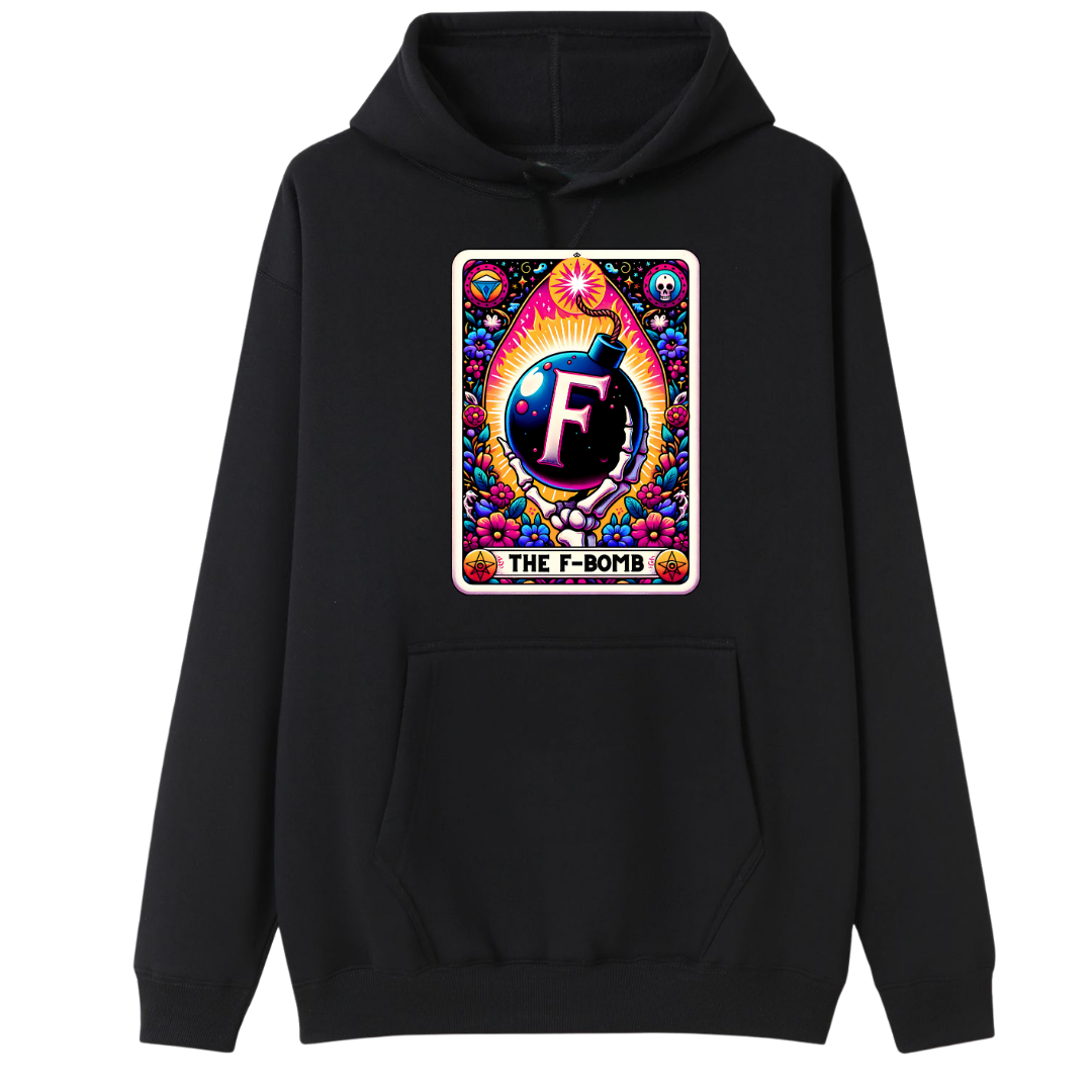 A black pullover hoodie with a colorful graphic print on the chest. The graphic features a stylized bomb illustration with the letter 'F' and the text 'THE F-BOMB' at the bottom, surrounded by a vibrant, psychedelic pattern of flowers and stars.