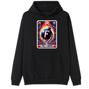 A black pullover hoodie with a colorful graphic print on the chest. The graphic features a stylized bomb illustration with the letter 'F' and the text 'THE F-BOMB' at the bottom, surrounded by a vibrant, psychedelic pattern of flowers and stars.