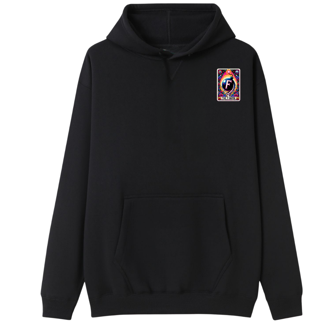 A black pullover hoodie with a white circular chest graphic on the left side, featuring a hand symbol inside a circle with the text 'DEADLY HEARD' and 'DEADLY HEARD STUDIOS'. The hoodie has a front kangaroo pocket and is shown against a plain white background.