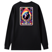 A black long-sleeve t-shirt with a colorful graphic print on the back. The graphic features a card-like design with a large letter 'F' inside a bomb illustration, surrounded by a rainbow of colors and the text 'THE F-BOMB'.
