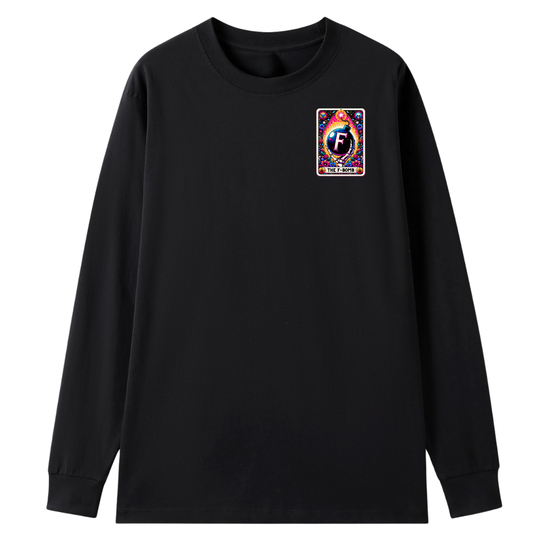A black long-sleeve crewneck t-shirt with a colorful graphic print on the left chest, displayed on a clean white background.