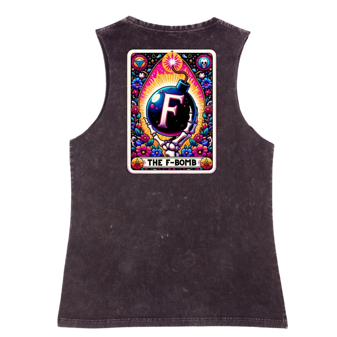 A sleeveless black mineral-wash tank top shown from the back, featuring a large colorful graphic print of a bomb illustration with the text 'THE F-BOMB' and a large letter 'F'.