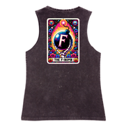 A sleeveless black mineral-wash tank top shown from the back, featuring a large colorful graphic print of a bomb illustration with the text 'THE F-BOMB' and a large letter 'F'.