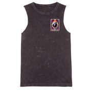 A sleeveless black mineral-wash tank top featuring a colorful graphic patch on the left chest with a stylized letter 'F' and the text 'FIVE FIVE'.