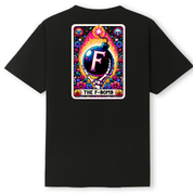 A black short-sleeve T-shirt shown flat against a white background, featuring a large colorful graphic print on the back. The graphic is styled like a retro card with a bomb illustration, a large letter F, and the text 'THE F-BOMB'.