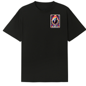 A black short-sleeve crewneck t-shirt featuring a colorful graphic print on the left chest. The graphic is styled like a playing card with a large letter 'F' in the center and the text 'F-FLYING' at the bottom.