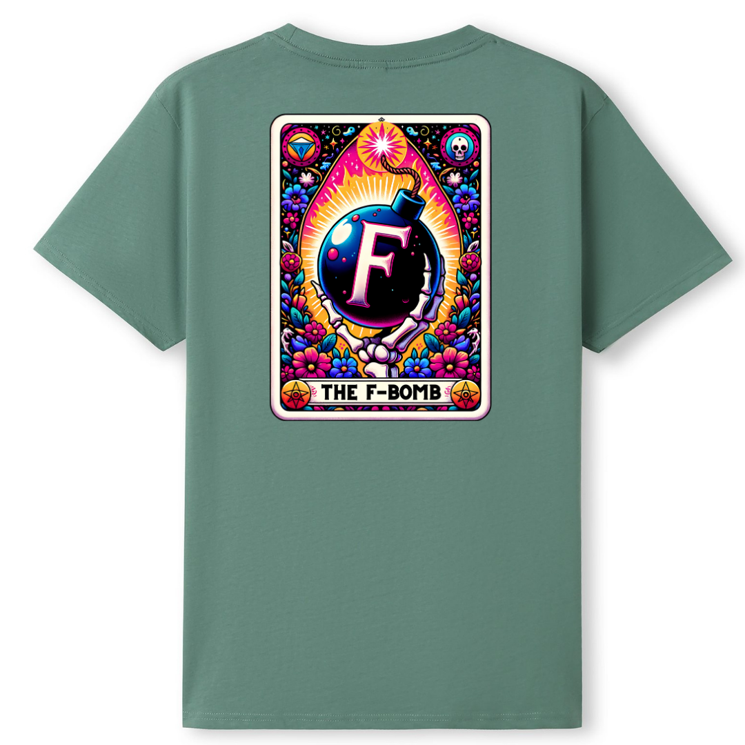 A sage green short-sleeve t-shirt shown from the back, featuring a large, colorful graphic print of a card depicting a bomb with the letter 'F' and the text 'THE F-BOMB'.