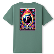 A sage green short-sleeve t-shirt shown from the back, featuring a large, colorful graphic print of a card depicting a bomb with the letter 'F' and the text 'THE F-BOMB'.