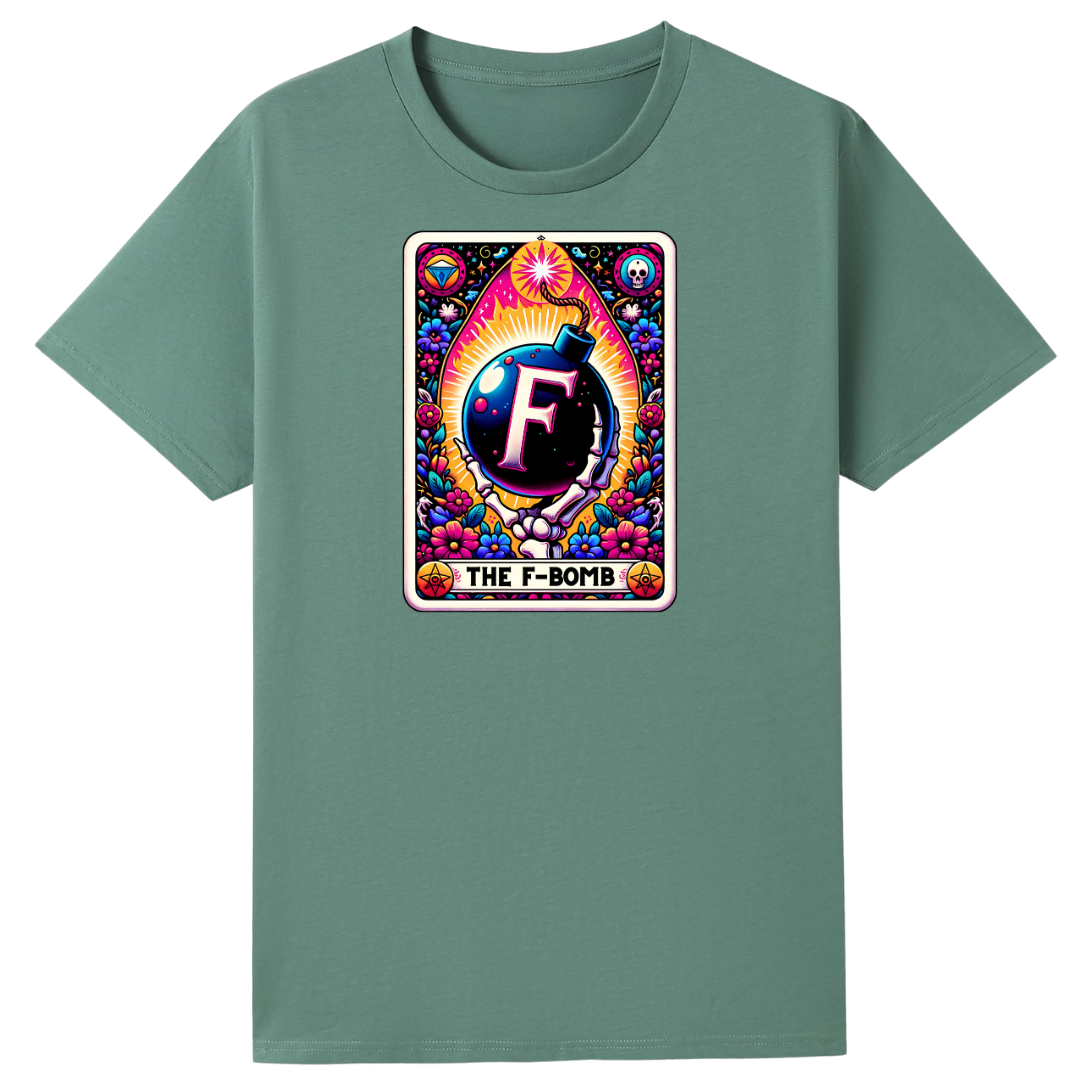 A sage green short-sleeve crewneck t-shirt featuring a colorful graphic print on the chest. The graphic is styled like a vintage tarot card with the letter 'F' in a bomb, surrounded by a rainbow of colors, and the text 'THE F-BOMB' at the bottom.