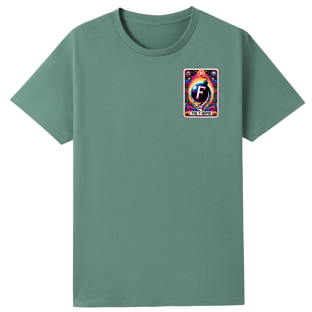 A sage green short-sleeve crewneck t-shirt with a colorful graphic on the left chest depicting a cosmic 'F' card design.