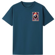 A dark teal blue short-sleeve t-shirt with a colorful graphic print on the left chest resembling a playing card with a large letter 'F' and the text 'F-Formula'.