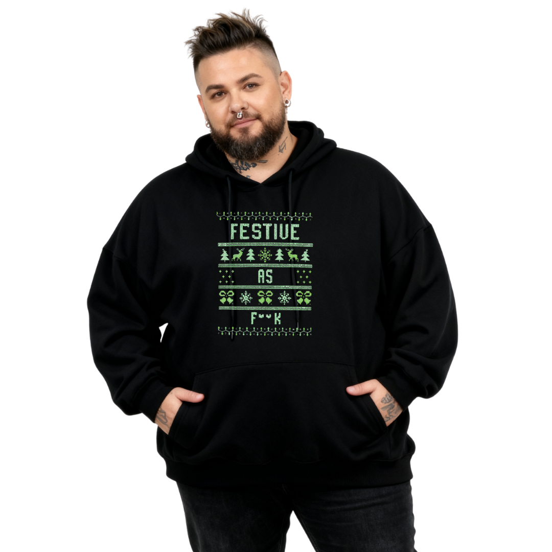 Man wearing a black hoodie with festive design and text on a white background