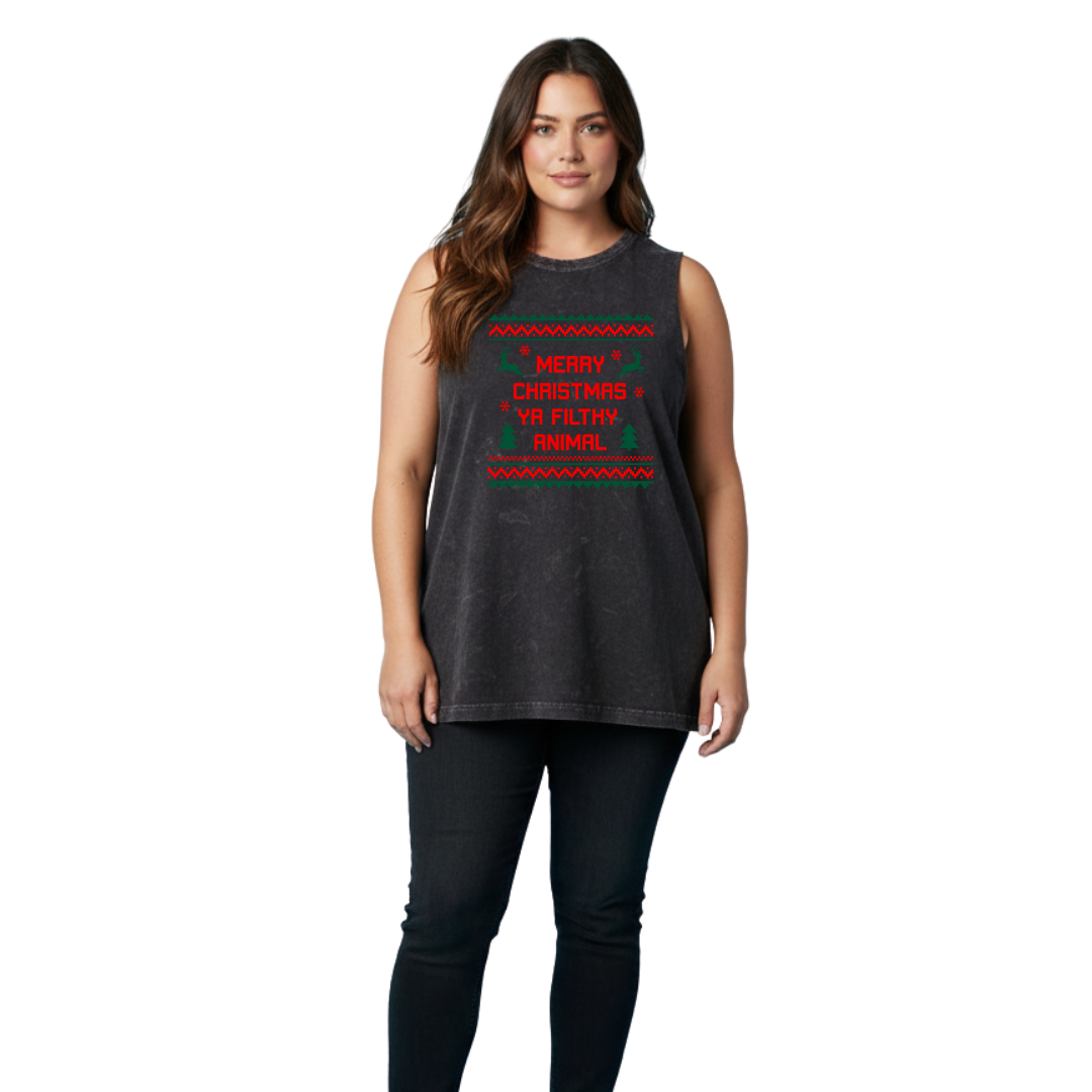 Woman wearing a sleeveless black top with festive text design on a white background