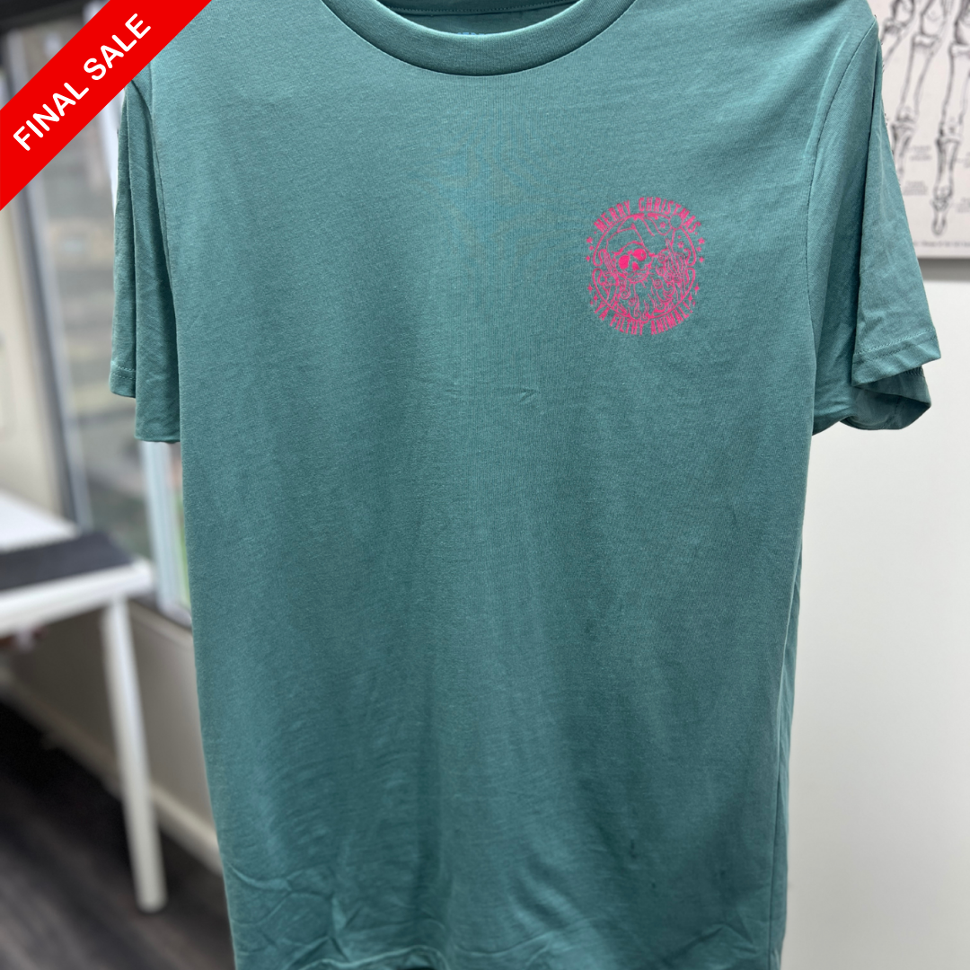 Teal t-shirt with a pink logo on a white background