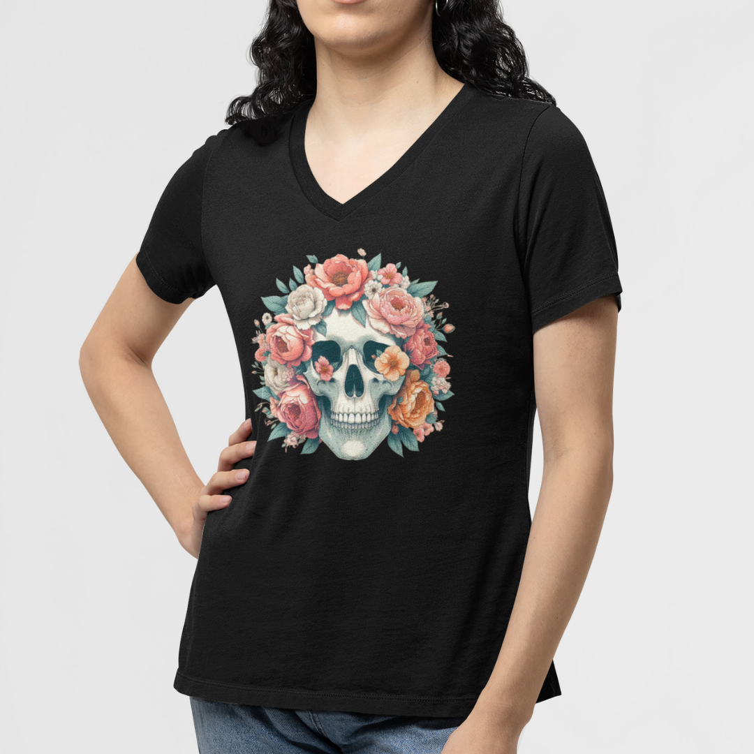 Floral Skull V Neck Oversized T-shirt
