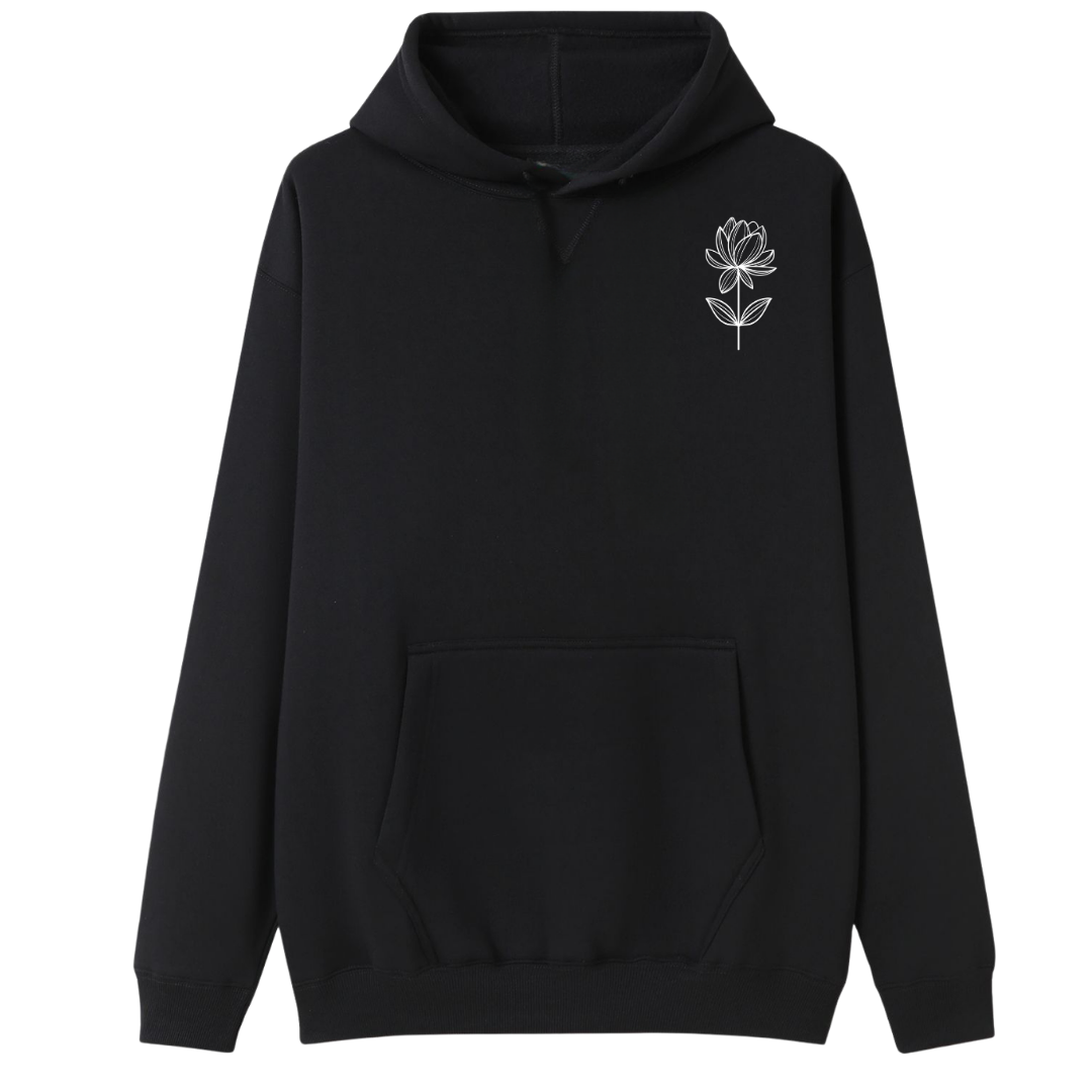 A black pullover hoodie with a small white line-art flower graphic on the left chest, displayed against a solid white background.