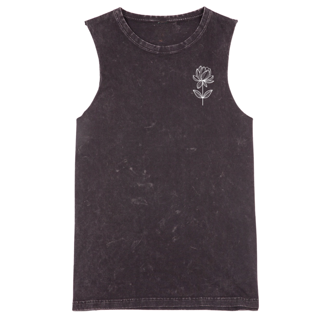A sleeveless tank top in a washed black or charcoal color, featuring a small white line-art flower graphic on the left chest, displayed against a solid white background.