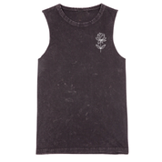 A sleeveless tank top in a washed black or charcoal color, featuring a small white line-art flower graphic on the left chest, displayed against a solid white background.