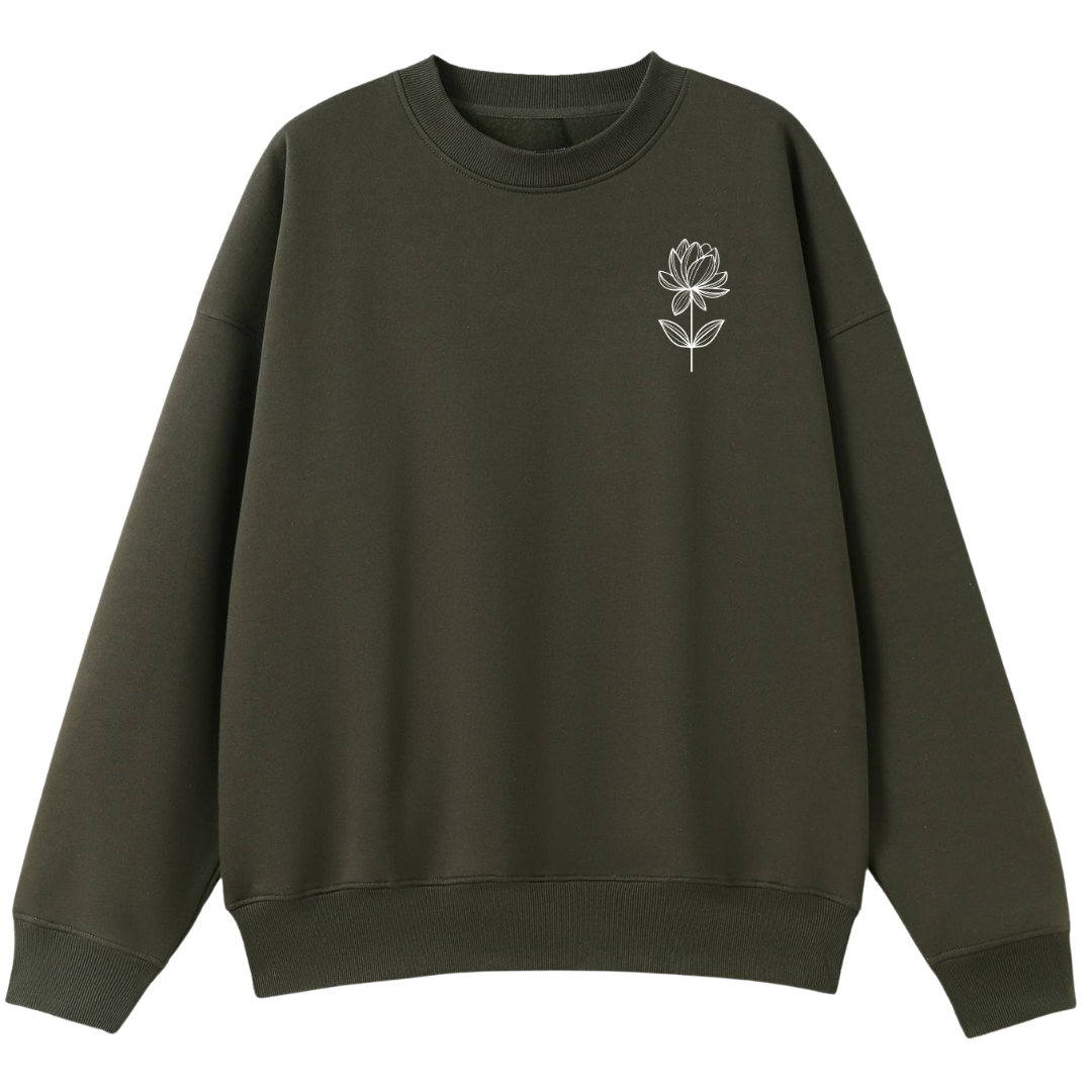 An olive green crewneck sweatshirt with a small white line-art floral graphic on the left chest, displayed on a solid white background.