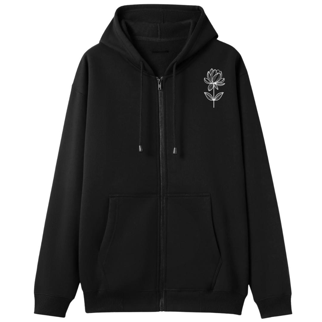 A black zip-up hoodie with a drawstring hood, kangaroo pockets, and a small white line-art flower graphic on the left chest, shown against a plain white background.