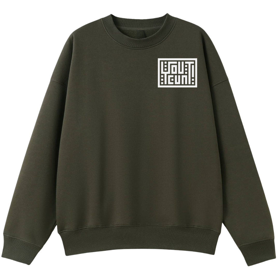 An olive green crewneck sweatshirt with a white geometric logo on the left chest, displayed on a solid white background.