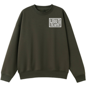 An olive green crewneck sweatshirt with a white geometric logo on the left chest, displayed on a solid white background.