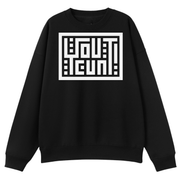A black crewneck sweatshirt with a large white graphic print on the chest featuring the text 'YOU'TGON' in a geometric maze-like font, displayed on a solid white background.