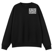 Black sweatshirt with a white logo on a white background