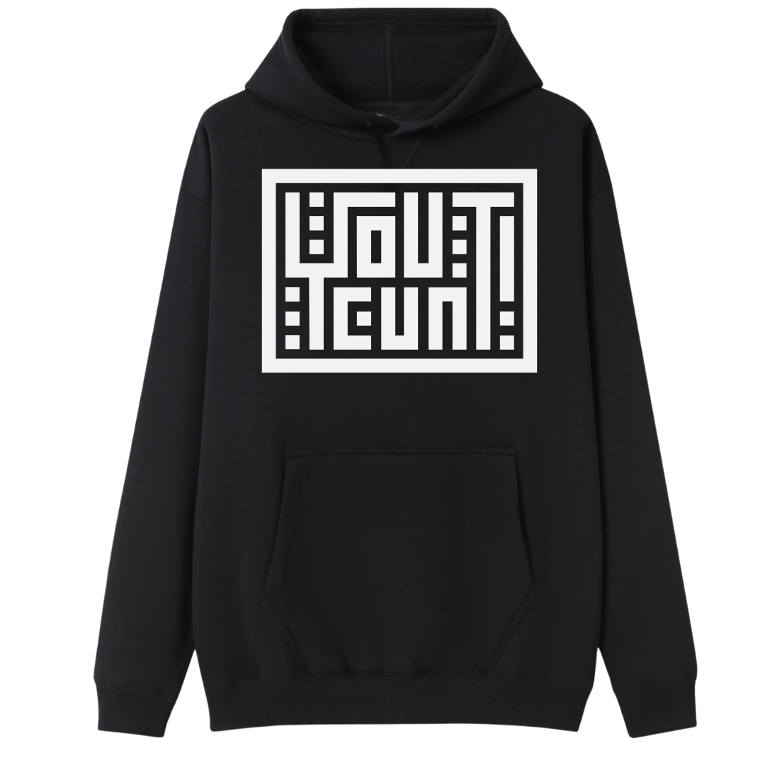 A black pullover hoodie with a large white graphic print on the chest that reads 'YOUR TURN!' in a maze-like geometric design, displayed against a solid white background.