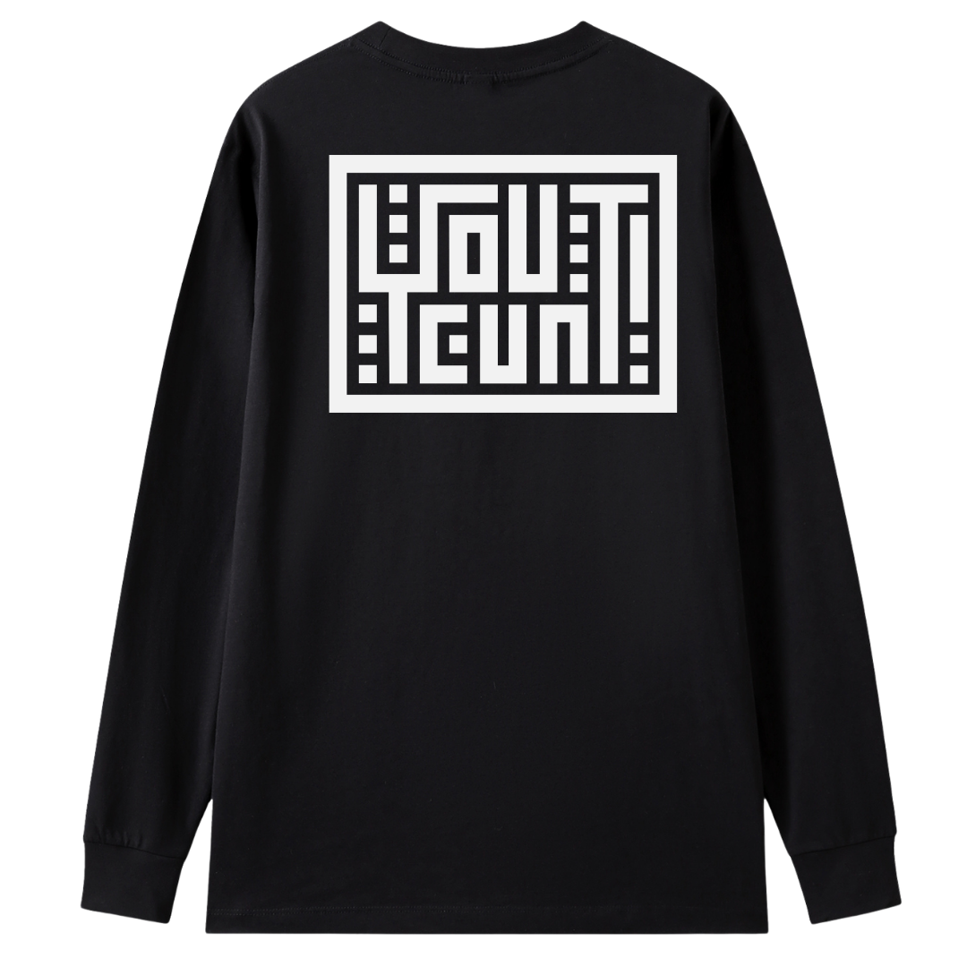 A black long-sleeve t-shirt with a large white graphic print on the back, featuring the text 'I GOUT E CUN' in a bold, stylized geometric frame.