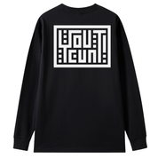 A black long-sleeve t-shirt with a large white graphic print on the back, featuring the text 'I GOUT E CUN' in a bold, stylized geometric frame.