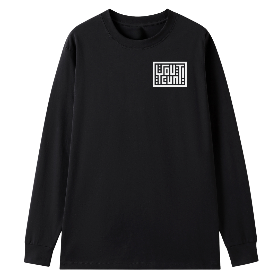 A black long-sleeve crewneck t-shirt with a white geometric logo on the left chest, displayed against a solid white background.