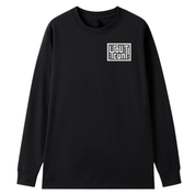 A black long-sleeve crewneck t-shirt with a white geometric logo on the left chest, displayed against a solid white background.